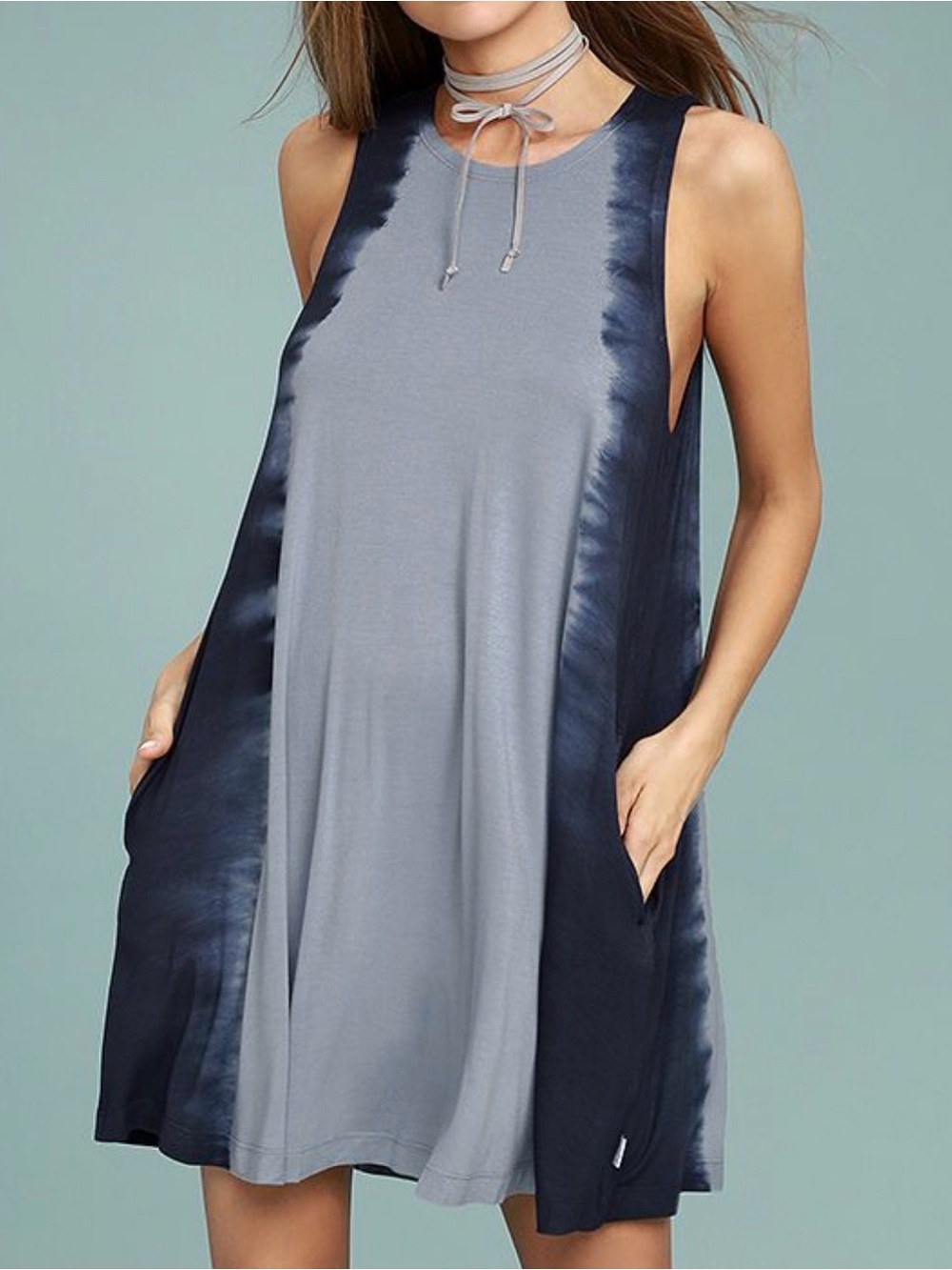 RVCA Sucker Punch Blue and Navy Tie-Dye Panel Dress with Pockets